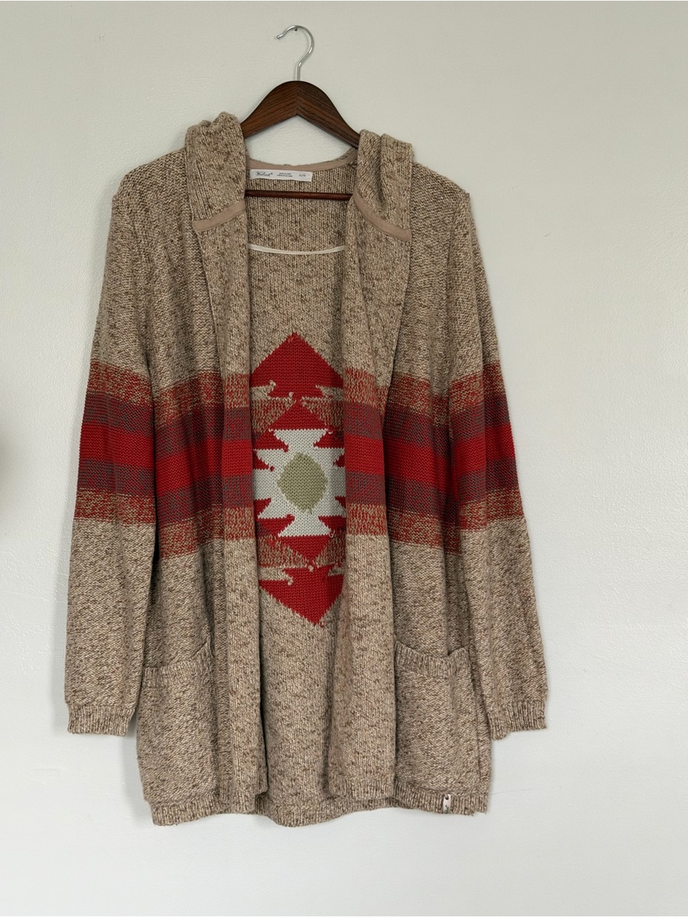 Woolrich Hooded Open-Front Cardigan Sweater in Beige with Red Tribal Pattern